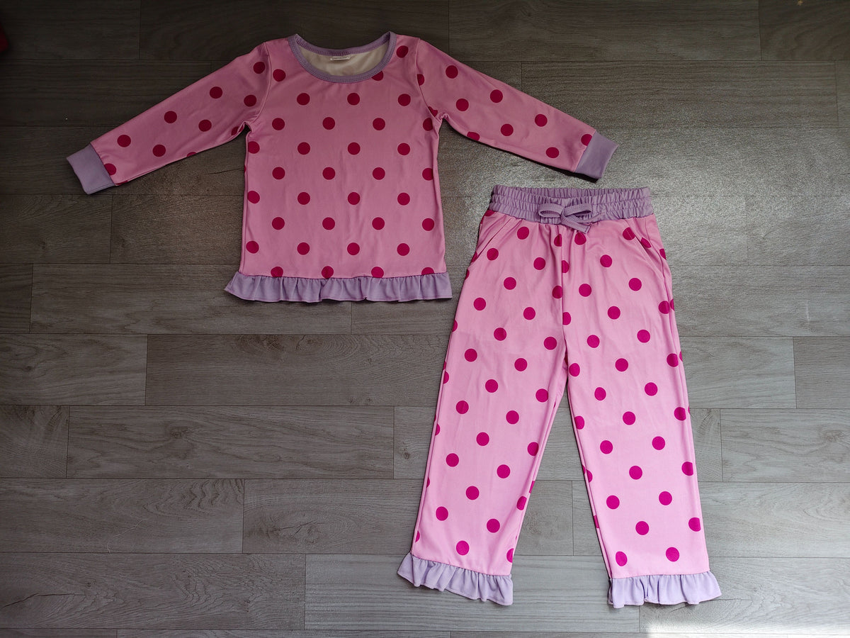 ( No moq ) Preorder Baby Girls Kids Long Sleeves Dots Shirt Ruffle Pants Set Pink Clothes