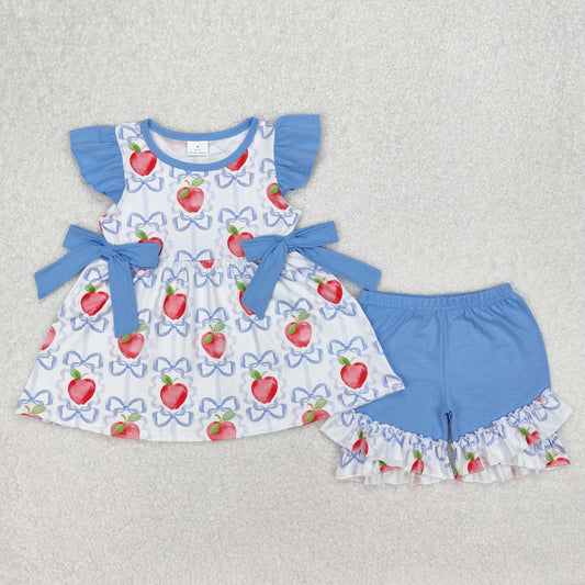 Baby Girl Back To School Apple Bows Tunic Blue Ruffle Shorts Set RTS