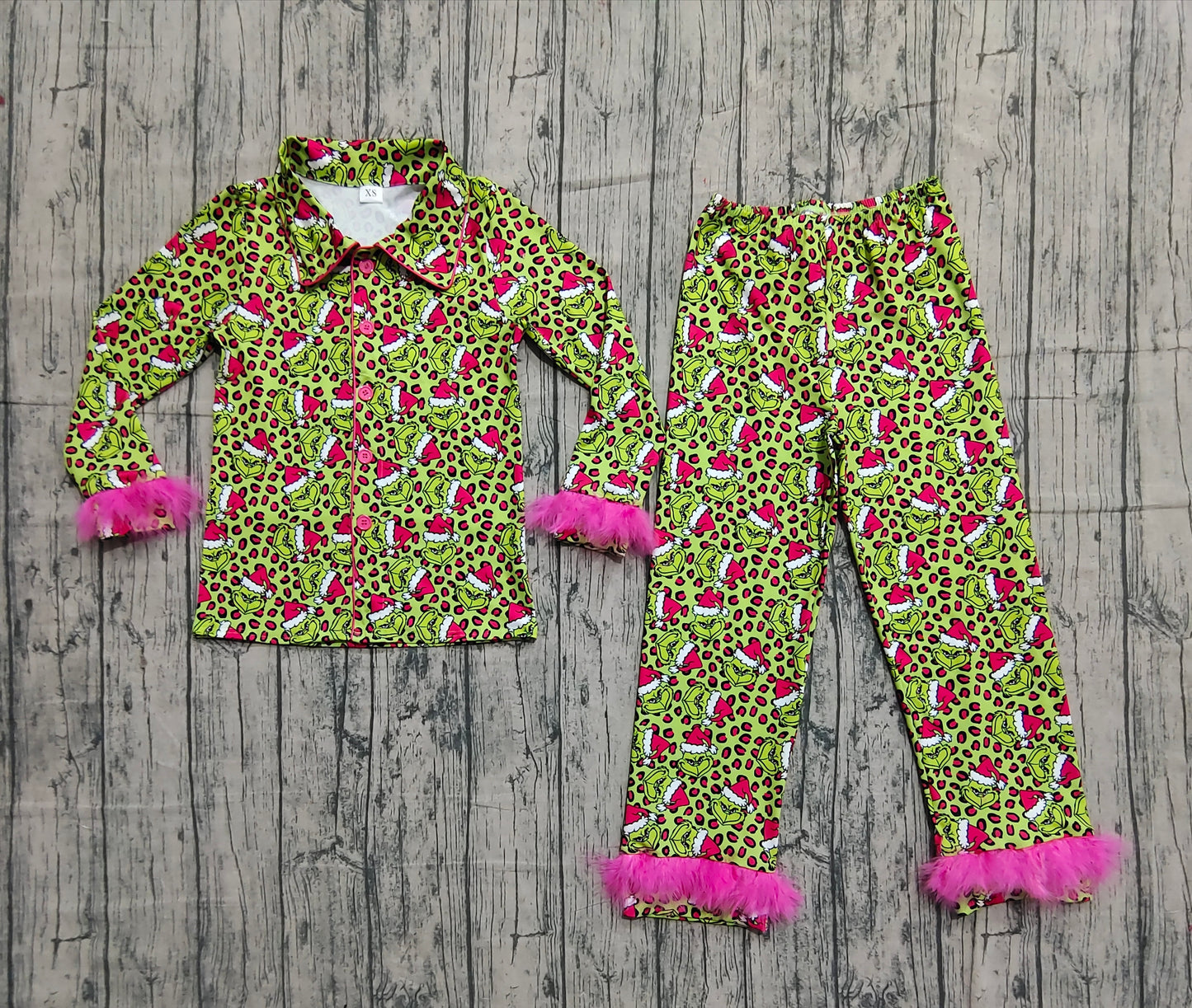 ( No moq ) Preorder Adult Women Fur Long Sleeves Green Face Leopard Buttons Shirt Pants Christmas Pajamas Set