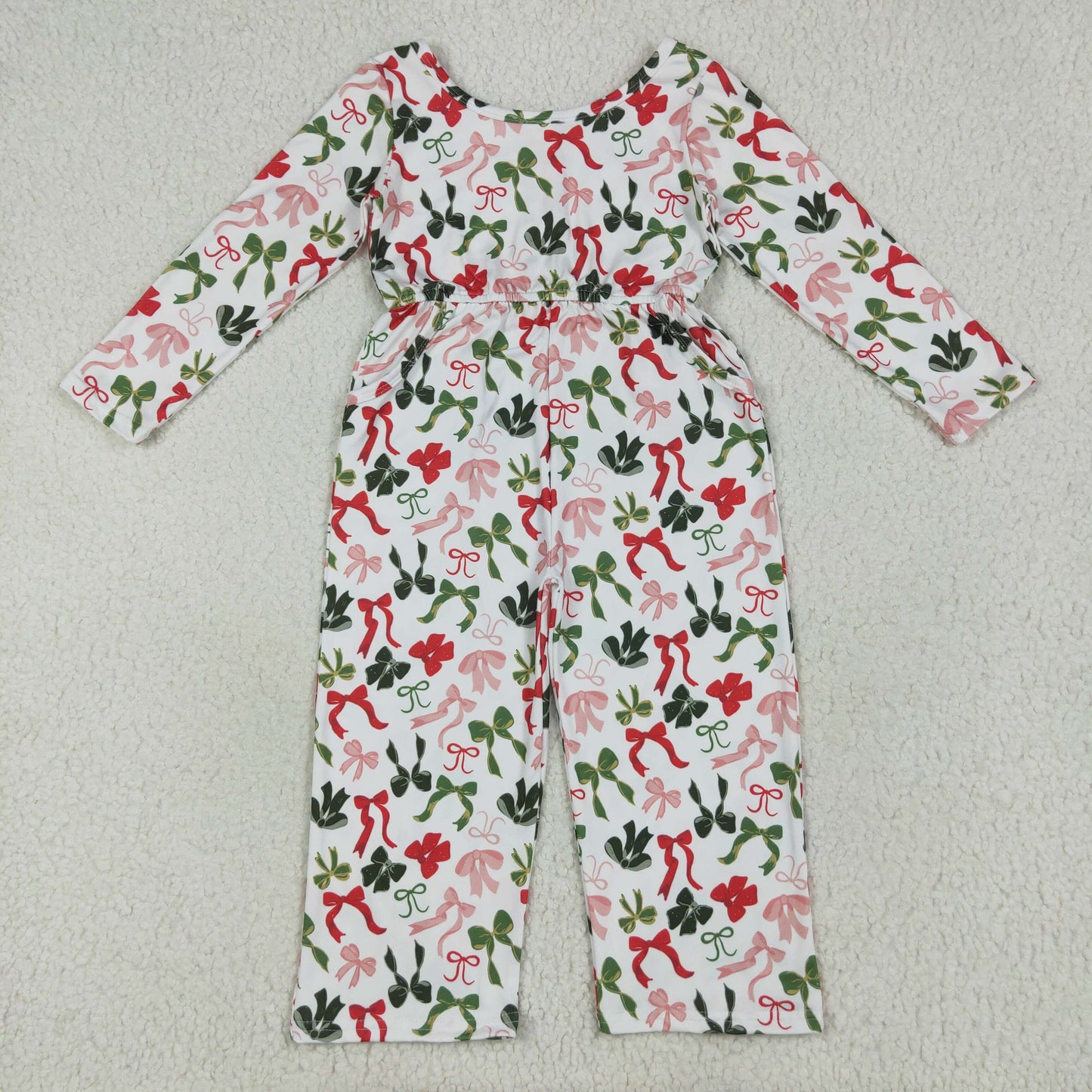 Baby Girl Toddler Long Sleeves Christmas Bows Sibling Zipper Romper Pockets Set RTS