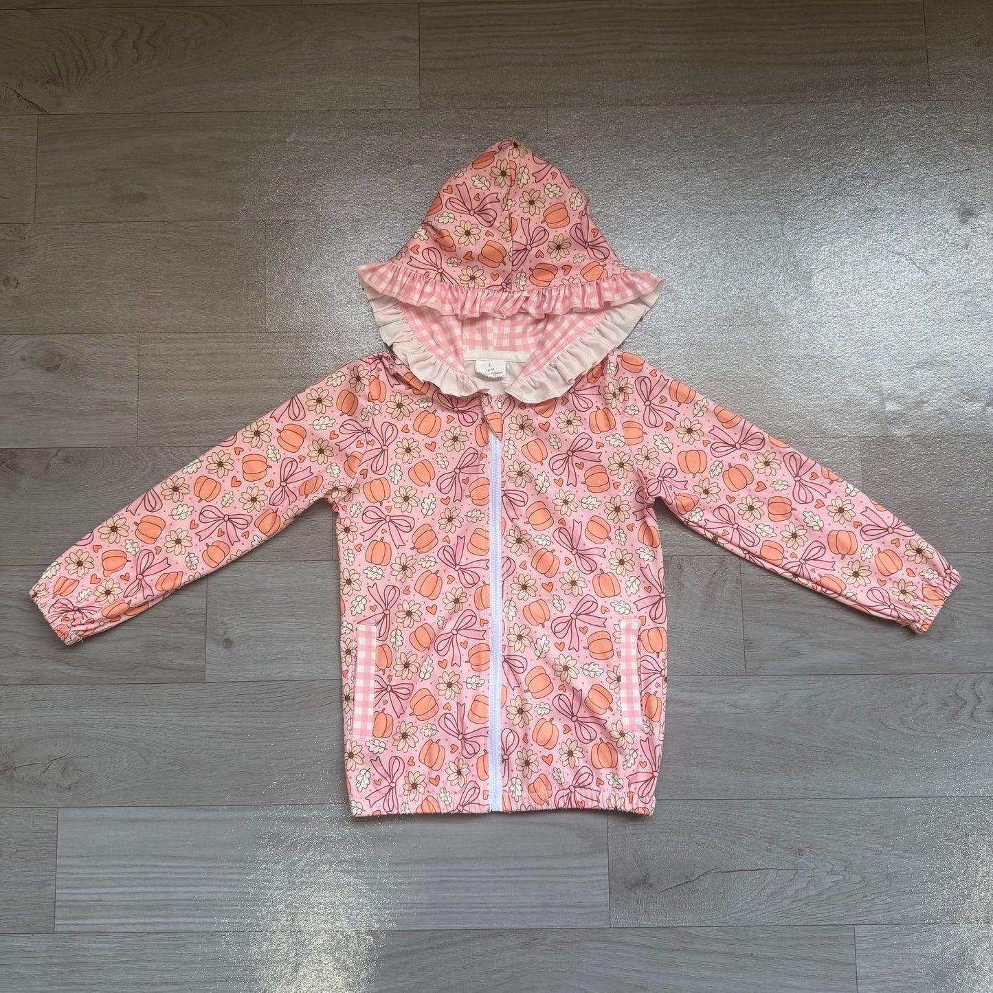 ( No moq ) Preorder Baby Girls Kids Pumpkins Bows Flower Pockets Hoodie Zipper Coat Fall Tops