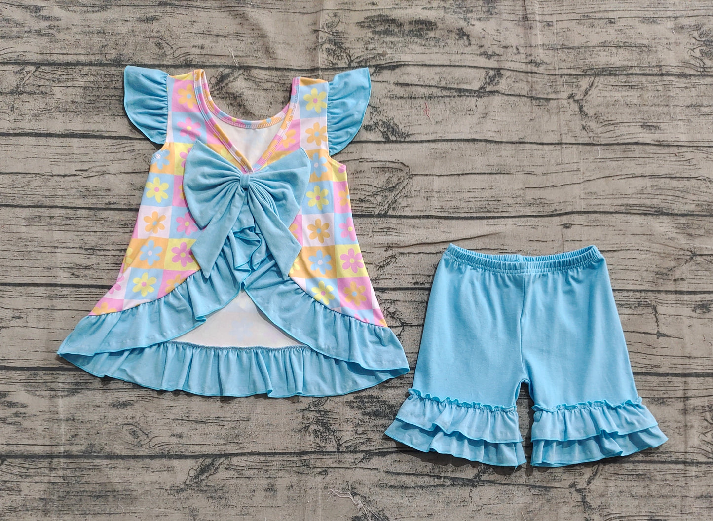 Baby Girl Short Sleeves Flower Plaid Bow Tunic Ruffle Blue Shorts Set RTS