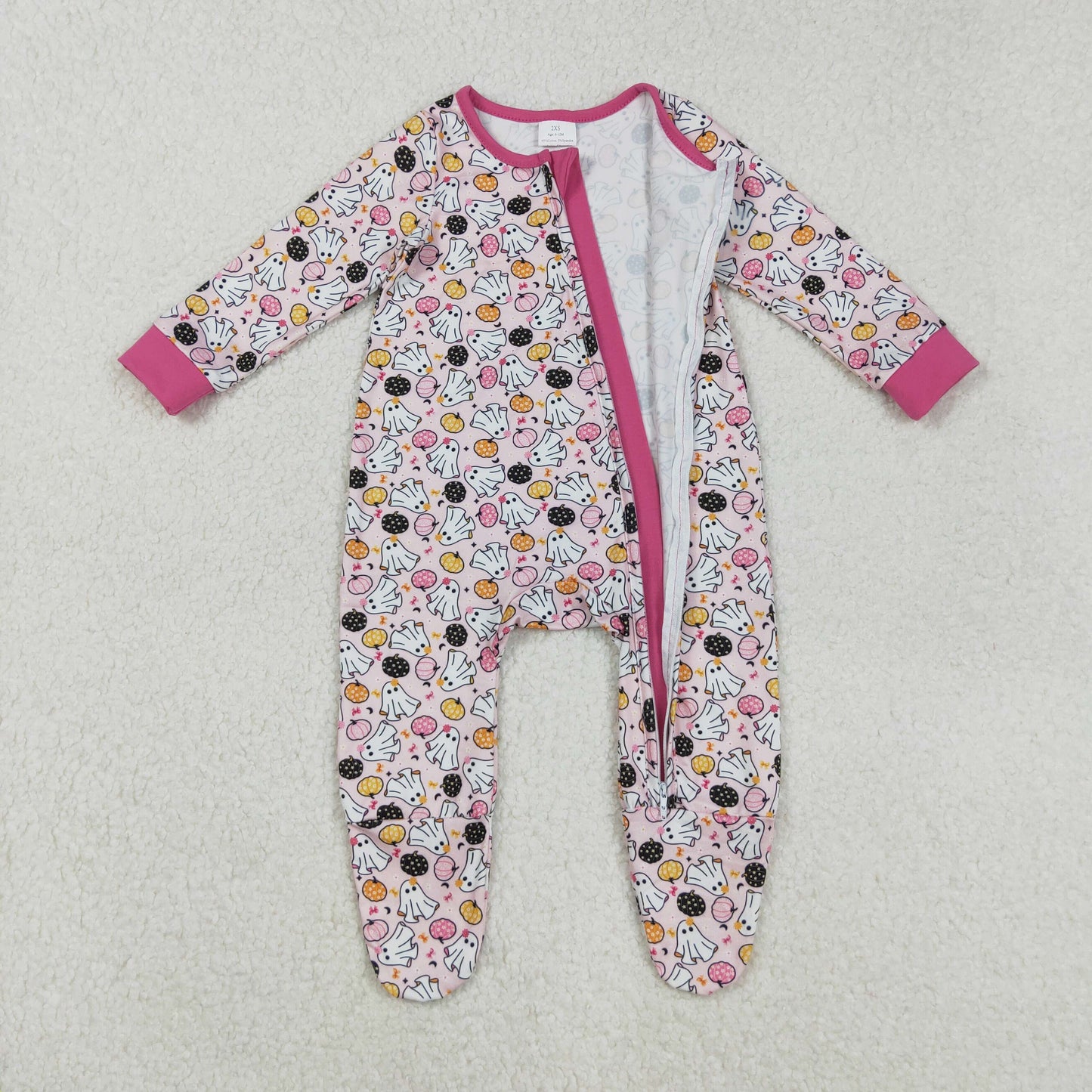 Baby Girl Long Sleeves Halloween Ghost Pumpkins Halloween Pink Zipper Romper RTS