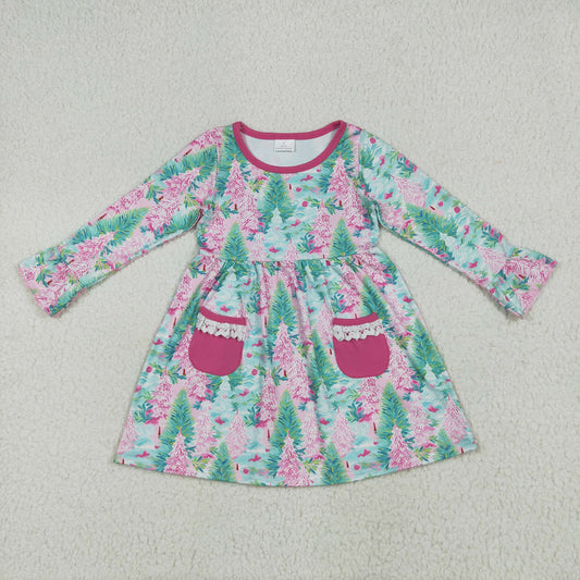 Baby Girl Long Sleeves Trees Floral Pockets Knee Length Christmas Dress RTS