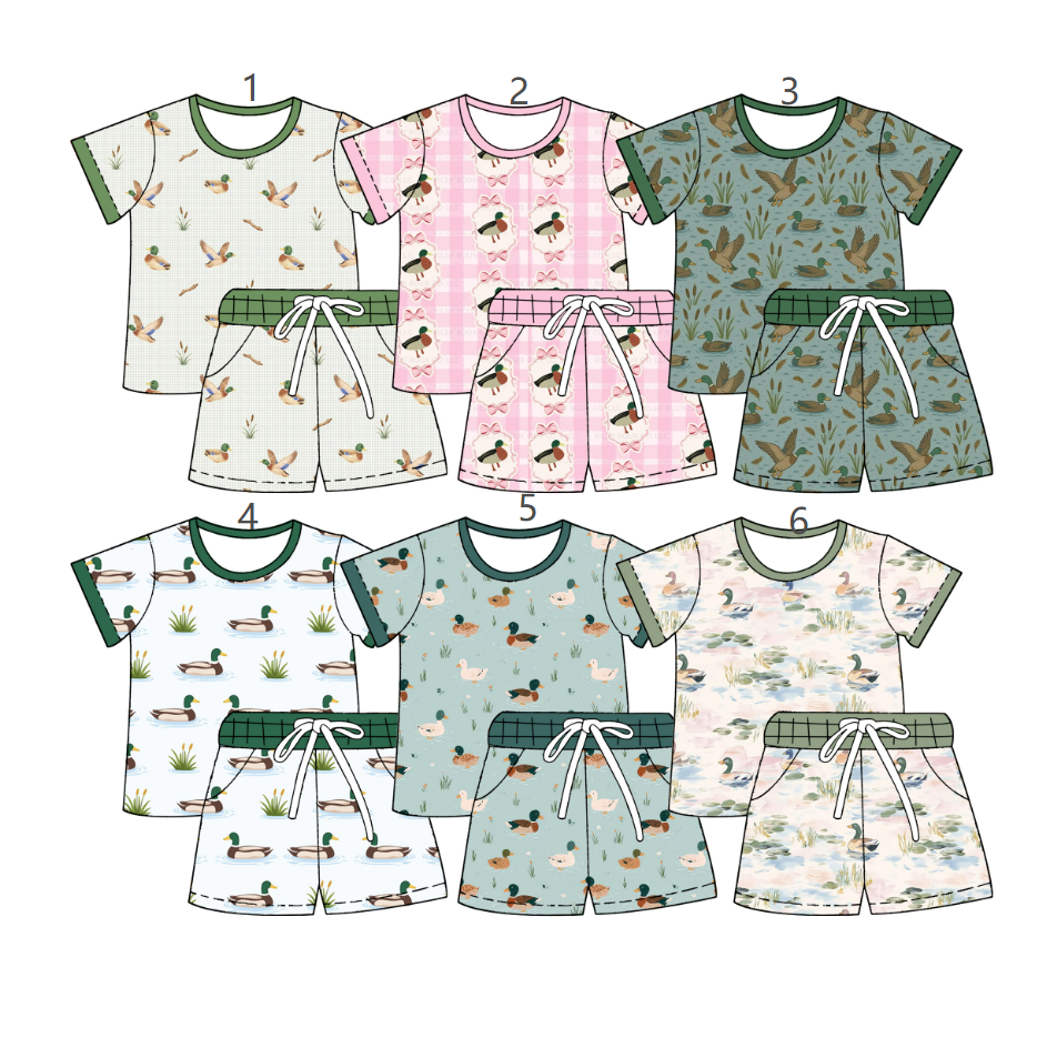 ( Moq 5 Each Style ) Sibling Baby Boys Girls Kids Ducks Shirts Pockets Shorts Summer Sets