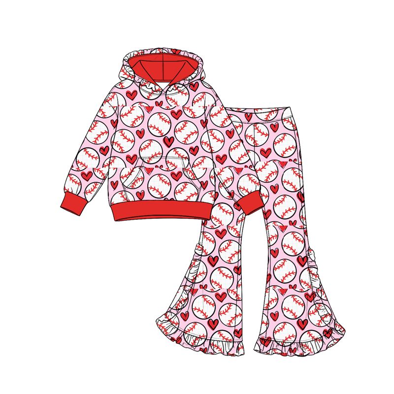 ( Moq 5 ) Preorder Baby Girls Kids Baseball Hearts Pocket Pullover Ruffle Pants Set Pink Clothes