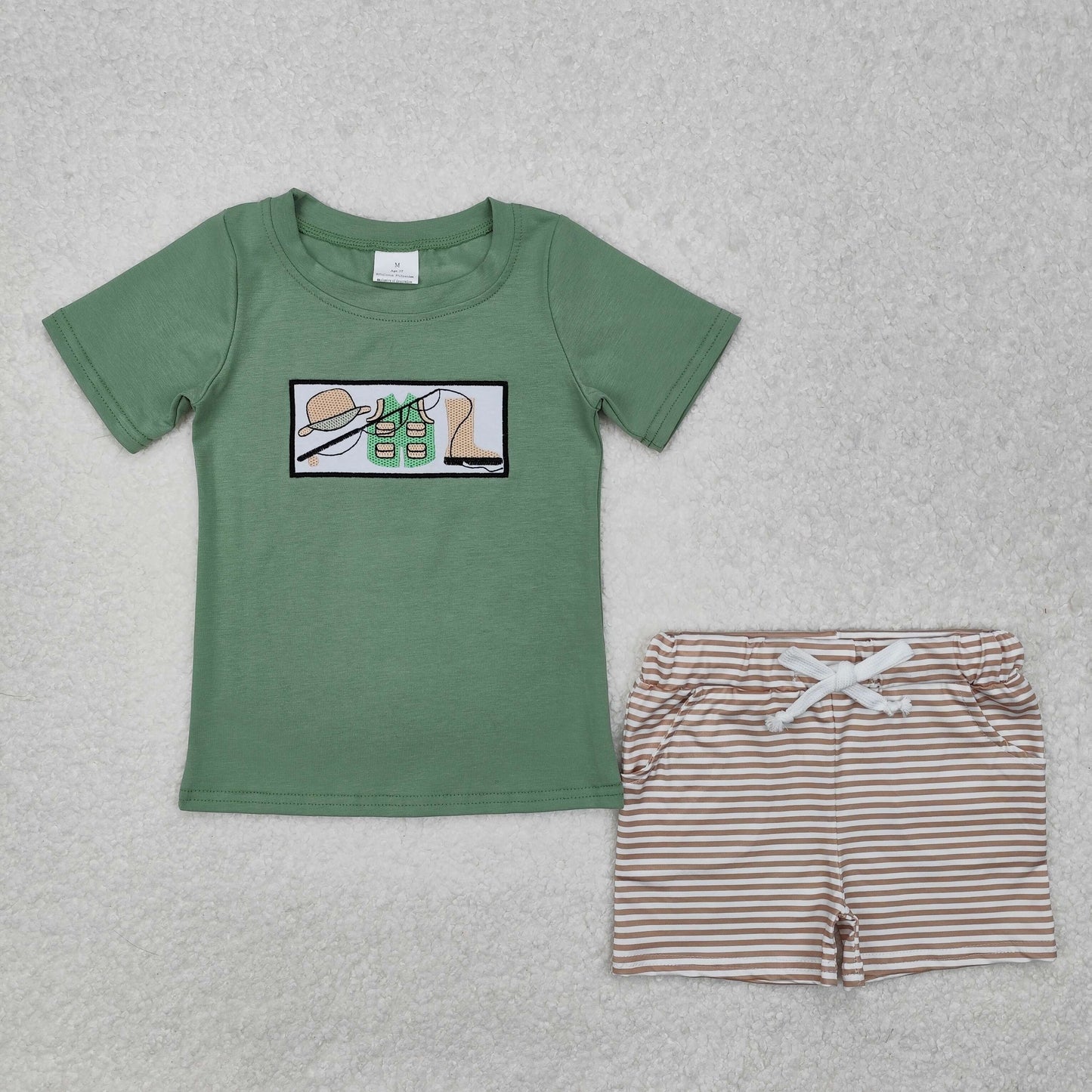 Baby Boy Green Short Sleeves Embroidery Boots Fishing Shirt Stripes Pocket Shorts Clothes Set