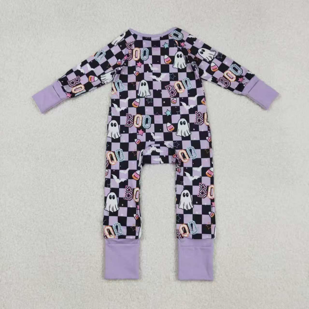 Sibling Girls Kids Long Sleeves Ghost Candy Plaid Halloween Purple Pajamas Footie Romper Set RTS