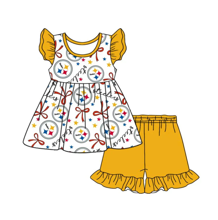 Baby Girl Short Sleeves Team Bows Tunic Yellow Shorts Clothes Set ( Moq 5 )