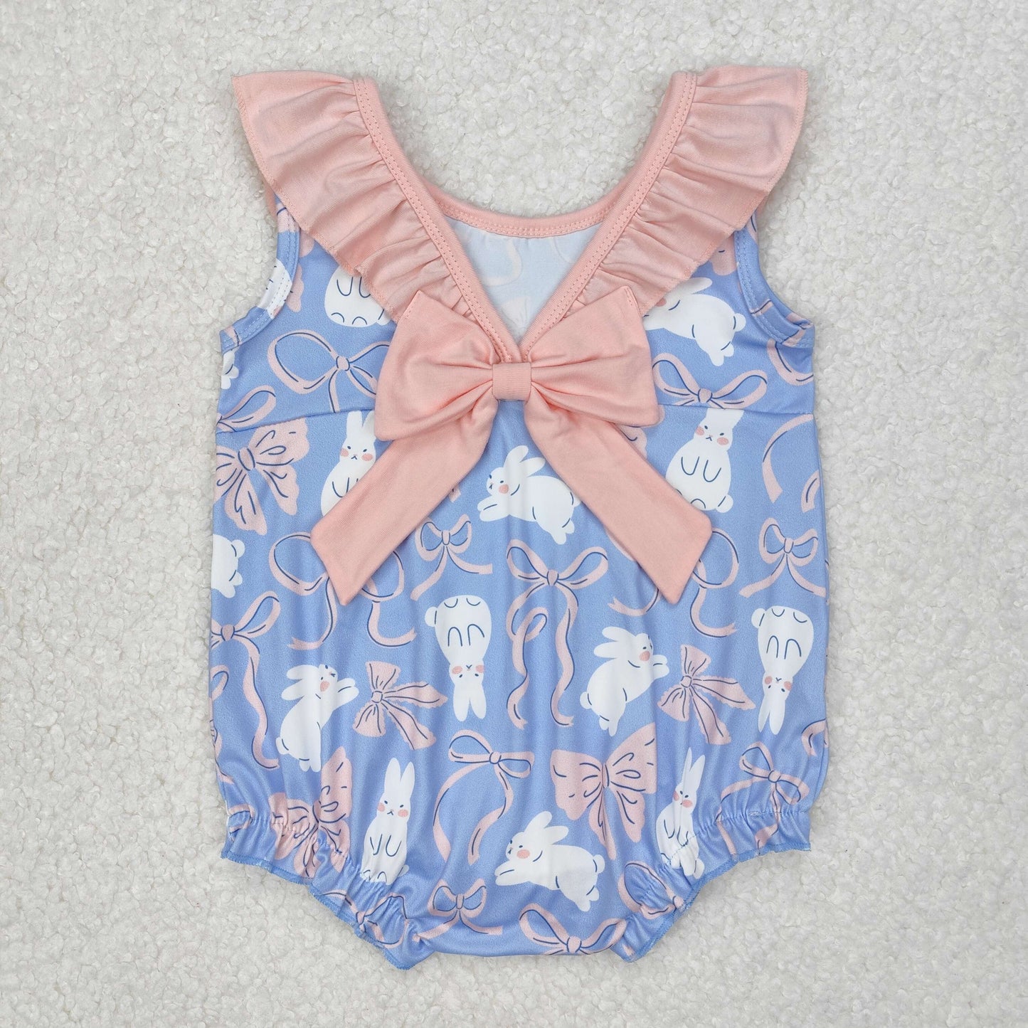Baby Girl Infant Sleeveless Easter Rabbits Bows Ruffle Bubble Romper RTS