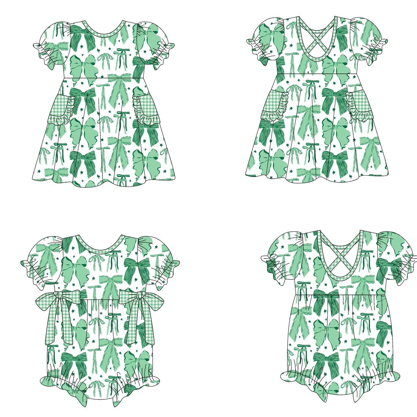 ( Moq 5 Each Style ) Girls Kids Short Sleeves Green Bows Sibling Romper Dress