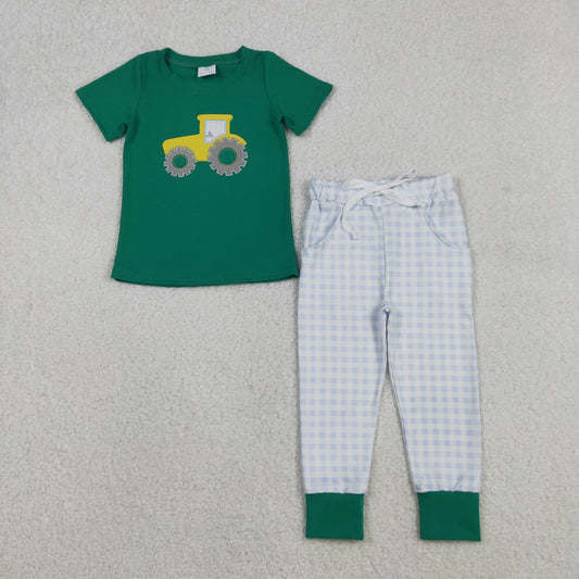 Baby Boys Short Sleeves Embroidery Tractor Green Shirt Plaid Pockets Pants Set RTS