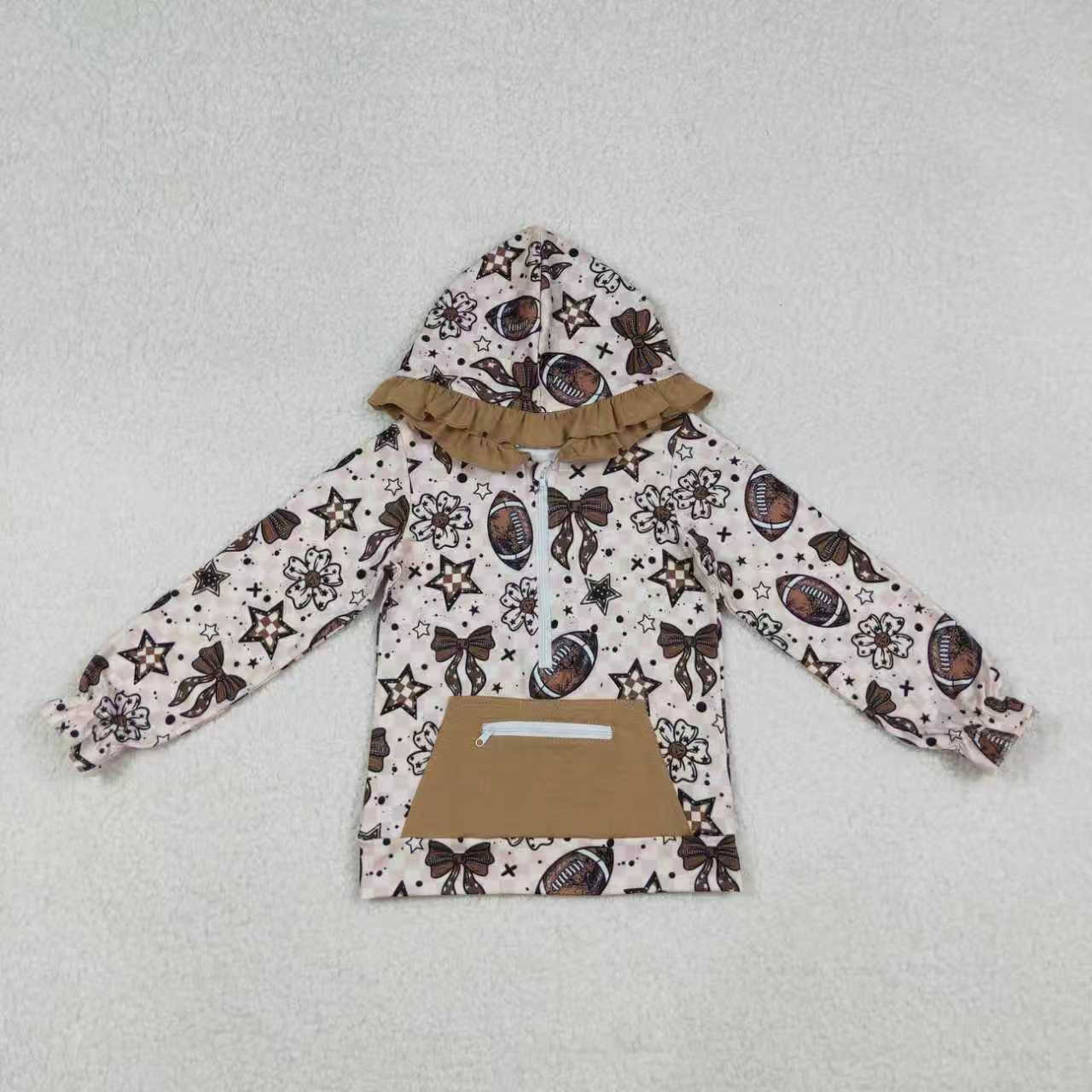 Sibling Girls Kids Long Sleeves Flower Bows Football Pocket Zipper Hoodie Shirt Set RTS