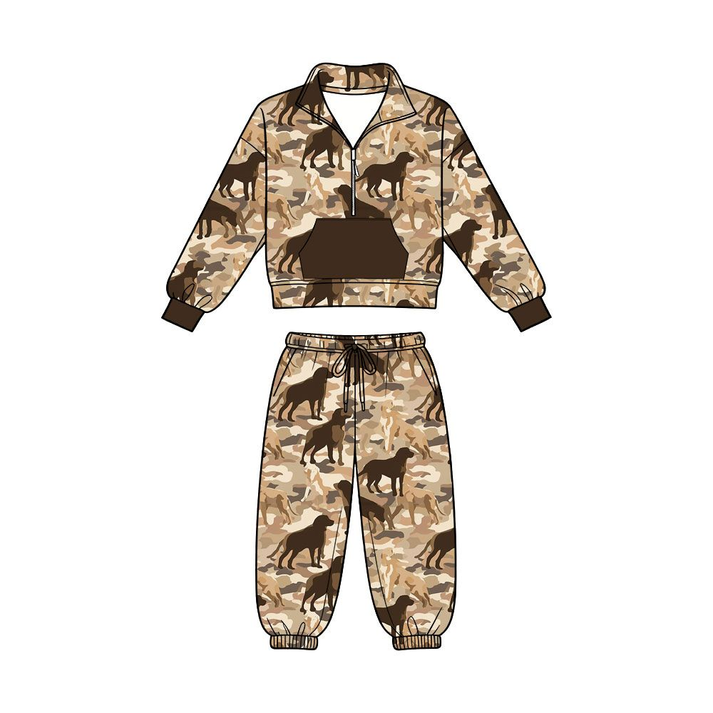 ( Moq 5 ) Preorder Baby Boys Kids Long Sleeves Dogs Camo Zipper Shirt Pockets Pants Set Clothes