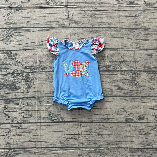 ( No moq ) Preorder Baby Girls Infant Embroidery Flower USA Blue Romper 4th of July Clothes