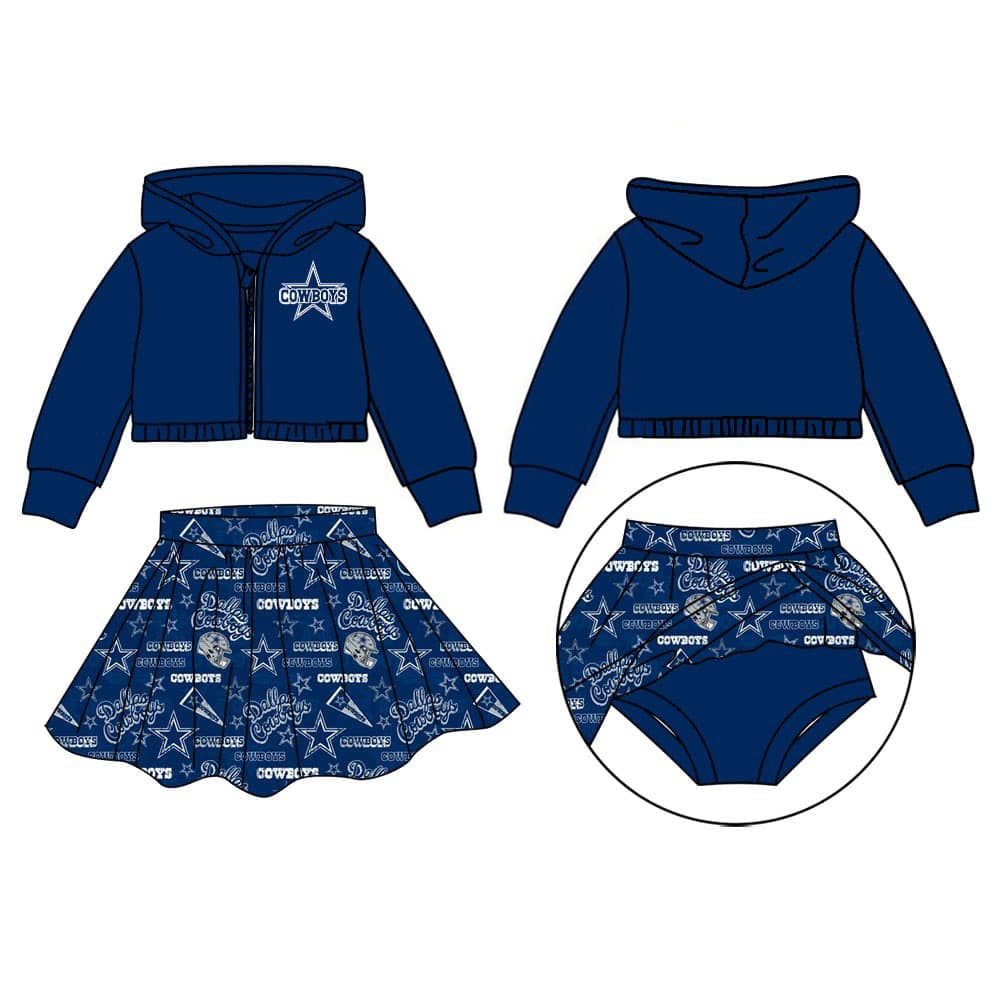 Baby Girl Hoodie Zipper Tops Skirt With Shorts Clothes Team Blue Set moq 5