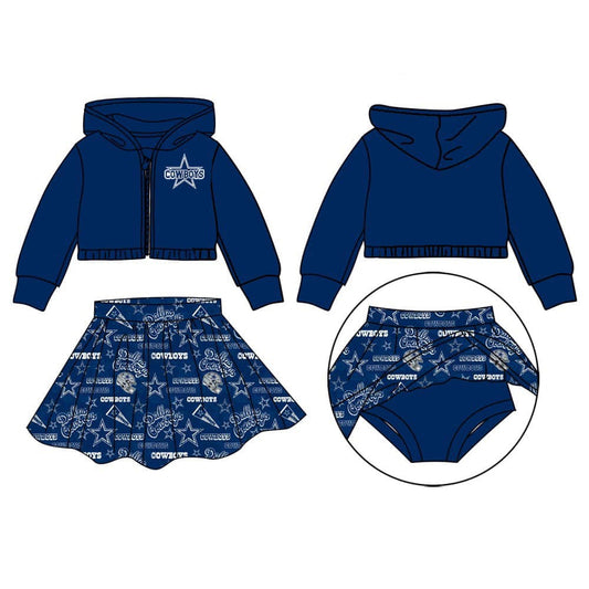 Baby Girl Hoodie Zipper Tops Skirt With Shorts Clothes Team Blue Set moq 5