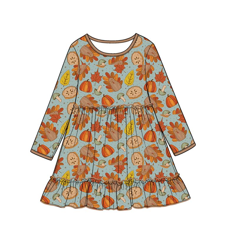 ( Moq 5 ) Preorder Baby Girls Kids Long Sleeves Pumpkins turkey Thanksgiving Knee Length Dress