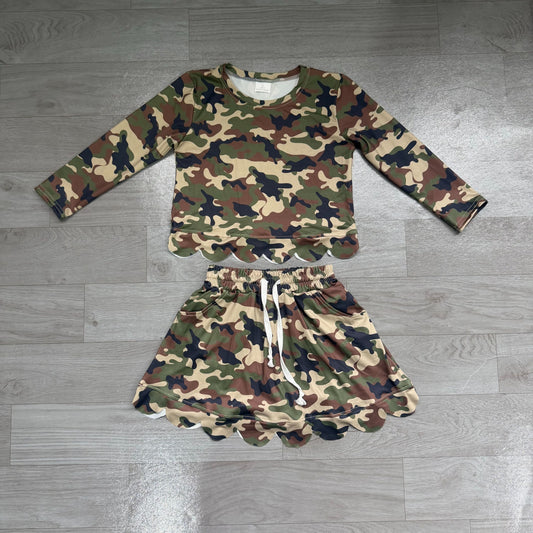 ( No moq ) Preorder Baby Girls Kids Long Sleeves Shirt Green Camo Scallop Pockets Skirt Shorts Set Clothes