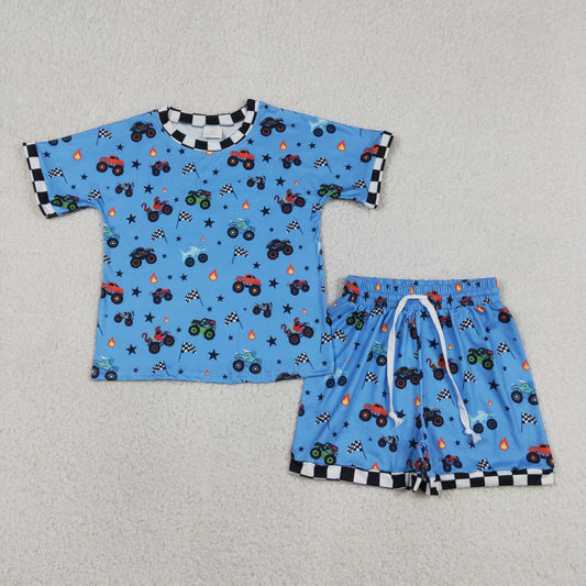 Baby Boys Blue Short Sleeves Trucks Flags Shirt Shorts Clothes Set RTS