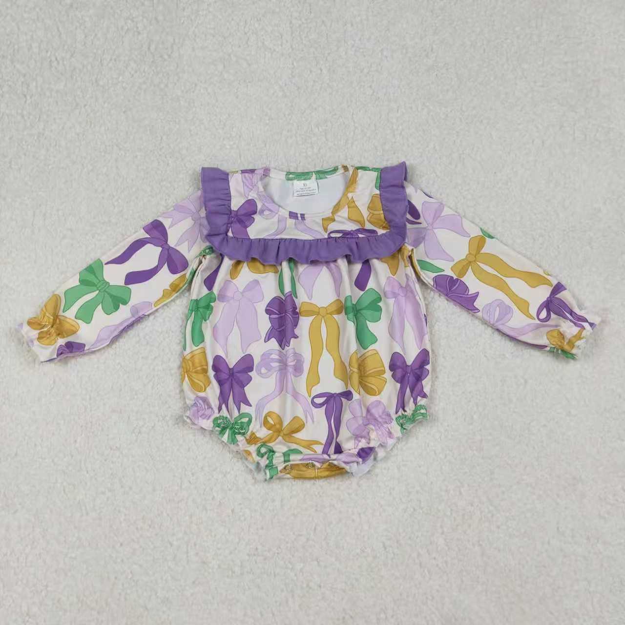 Sibling Girls Kids Colorful Bows Purple Ruffle Mardi Gras Jumpsuit Dress Set RTS