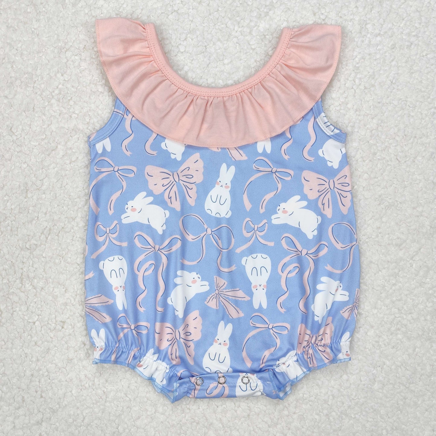 Baby Girl Infant Sleeveless Easter Rabbits Bows Ruffle Bubble Romper RTS