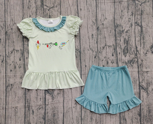 ( No moq ) Preorder Baby Girls Short Sleeves Embroidery Fishing Stripes Shirt Ruffle Shorts Clothes Set