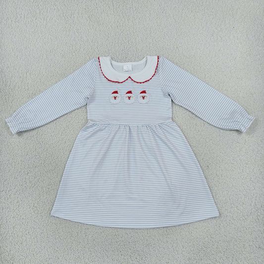 Baby Girls Kids Long Sleeves Embroidery Santa Christmas Blue Stripes Dress Clothes RTS