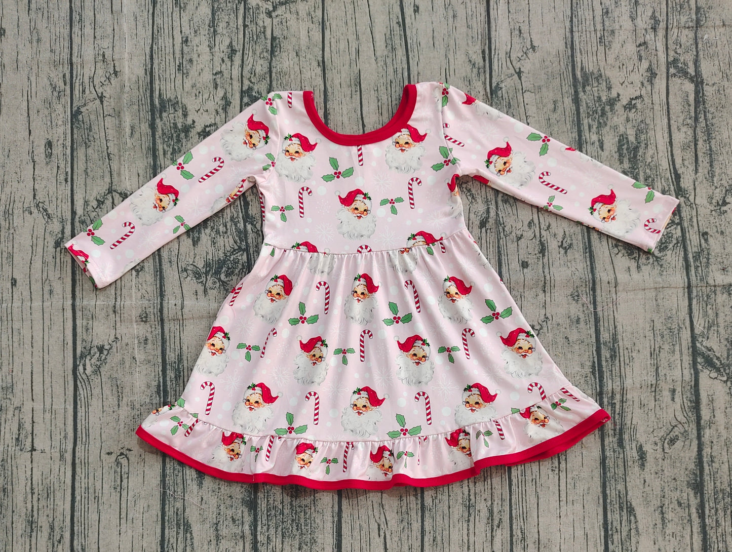 Baby Girl Long Sleeves Santa Candy Cane Christmas Knee Length Dress RTS