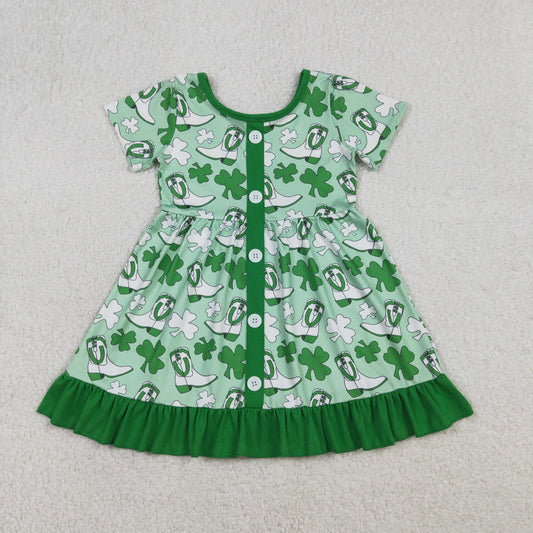 Baby Girls Kids Short Sleeves Clovers Boots St Patrick Ruffle Green Dress RTS
