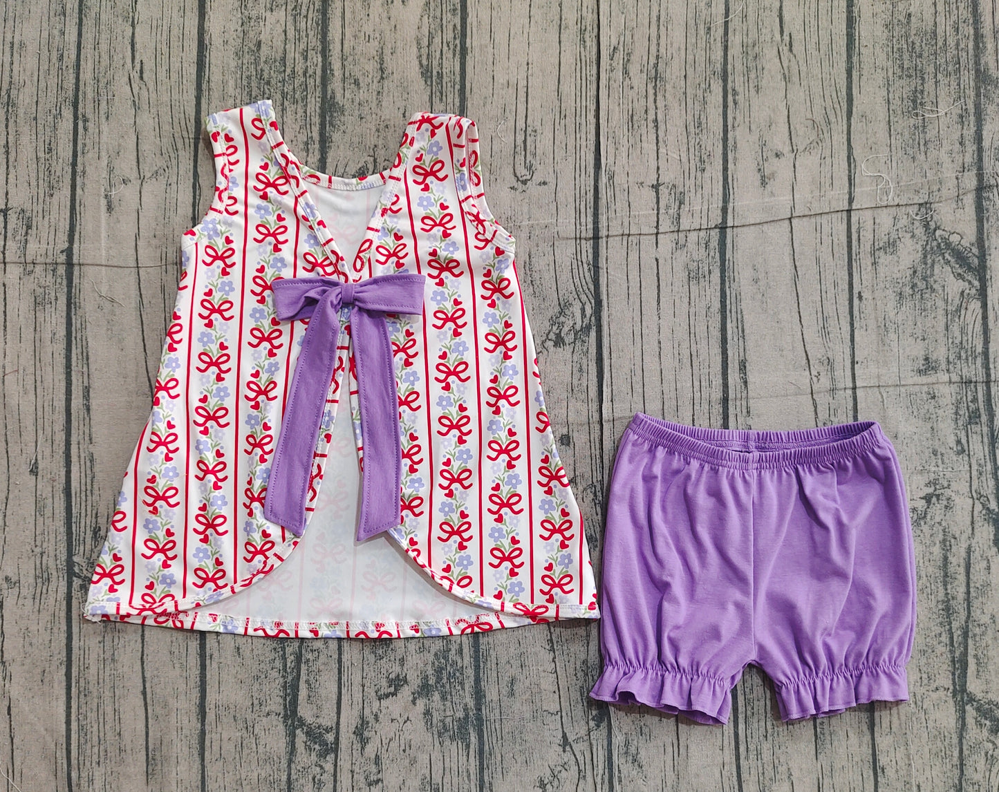 Baby Girls Kids Sleeveless Flower Bows Hearts Tunic Purple Shorts 4th of July Set RTS