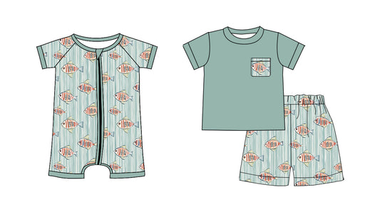 ( Moq 5 Each Style ) Baby Boys Kids Short Sleeves Shirt Shorts Sibling Fish Set Zipper Romper