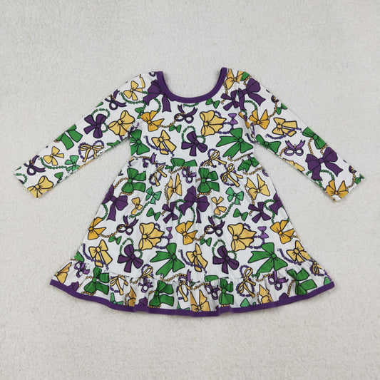 Girls Kids Long Sleeves Mardi Gras Bows Ruffle Knee Length Dress RTS