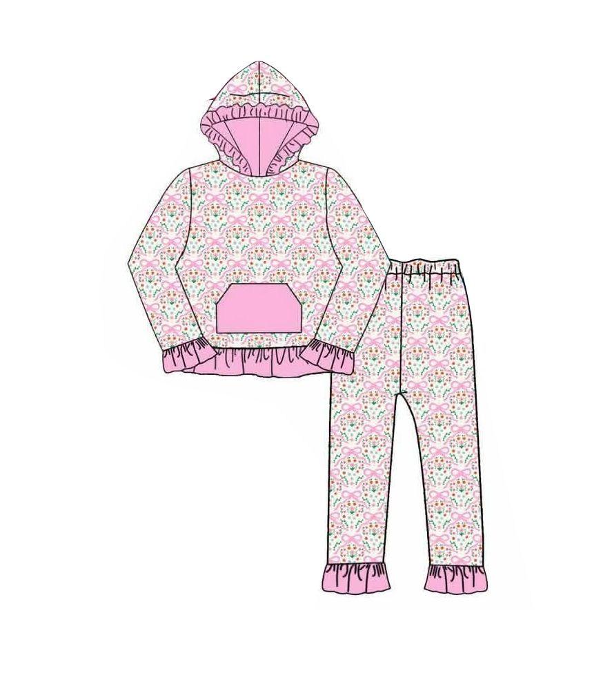( Moq 5 ) Preorder Baby Girls Kids Long Sleeves Pocket Hoodie Pullover Bows Pants Set Clothes