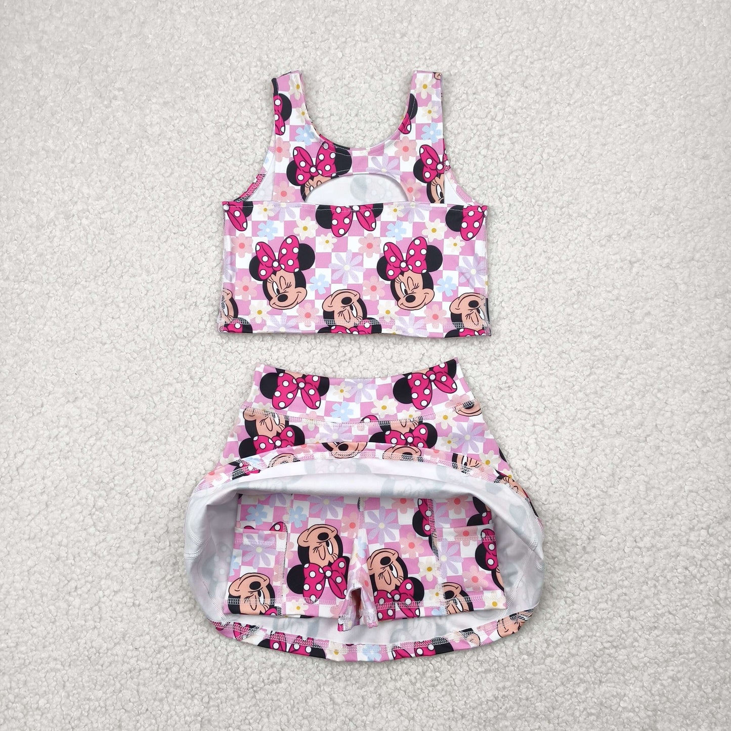 Baby Girl Sleeveless Mouse Flower Checked Tops Skorts Yoga Active Set RTS