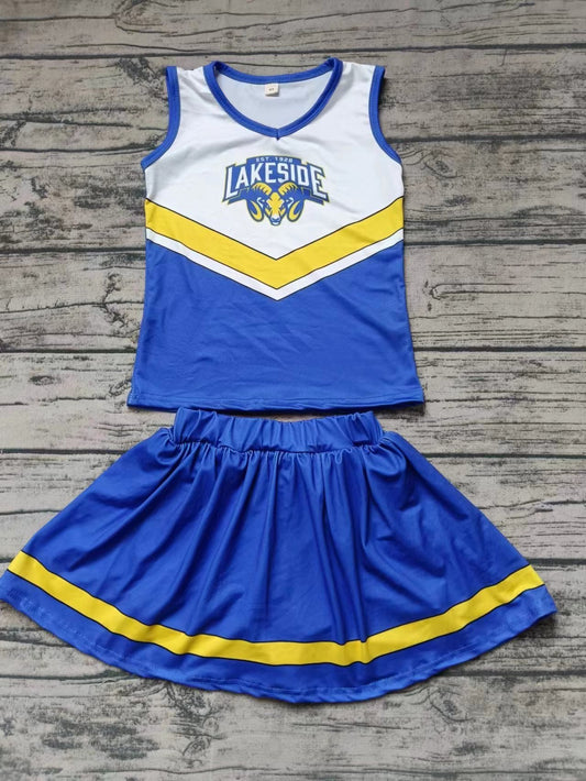 Baby Girl Sleeveless Cafe Tops Blue Skirt Shorts Team Clothes Set Moq 5