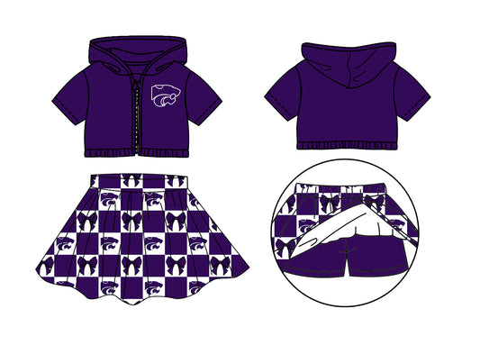 ( Moq 5 Each Style ) Baby Girls Short Sleeves Purple Hoodie Zipper Tops Bows Plaid Shorts Skirt Team Set