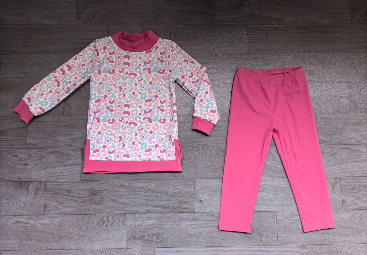 ( No moq ) Preorder Baby Girls Kids Long Sleeves Leopard Tops Pink Leggings Yoga Active Set Mock Neck Clothes