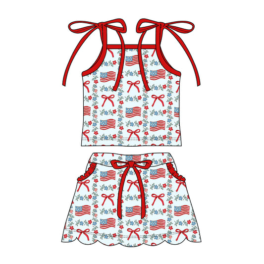 ( Moq 5 ) Preorder Baby Girl Kids Bows Flags Floral Tops Pockets Skirt Shorts 4th of July Set