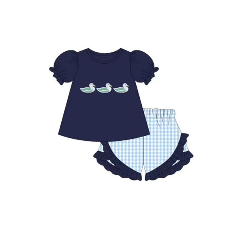 ( Moq 5 ) Preorder Baby Girls Kids Short Sleeves Ducks Shirt Blue Plaid Ruffle Shorts Set