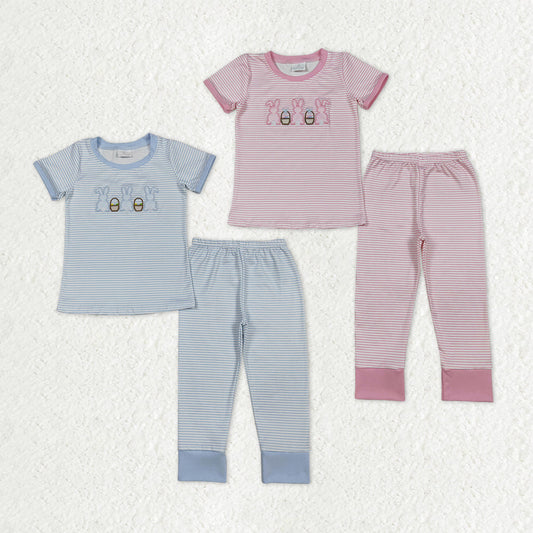 Sibling Baby Boys Girls Kids Embroidery Rabbits Eggs Shirts Stripes Pants Easter Pajamas Clothes Sets RTS