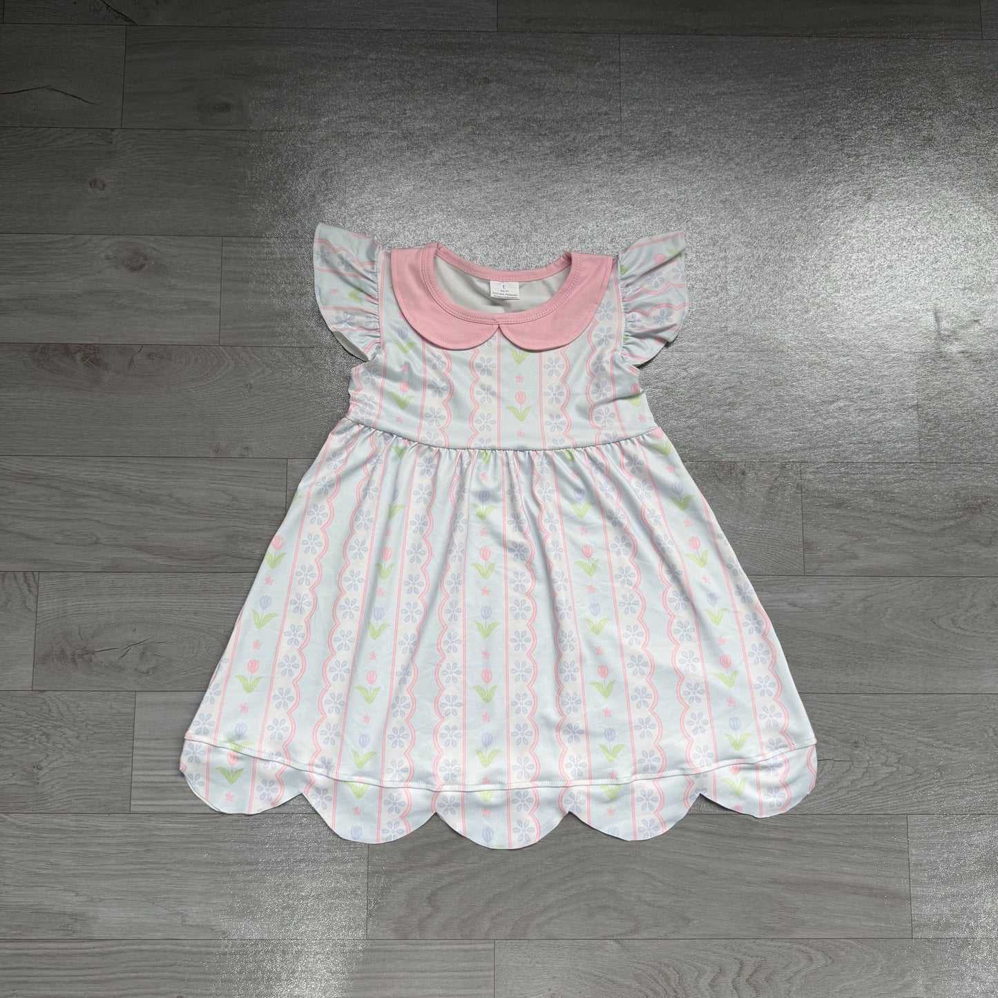 ( No moq ) Preorder Baby Girls Kids Short Sleeves Flower Scallop Knee Length Dress