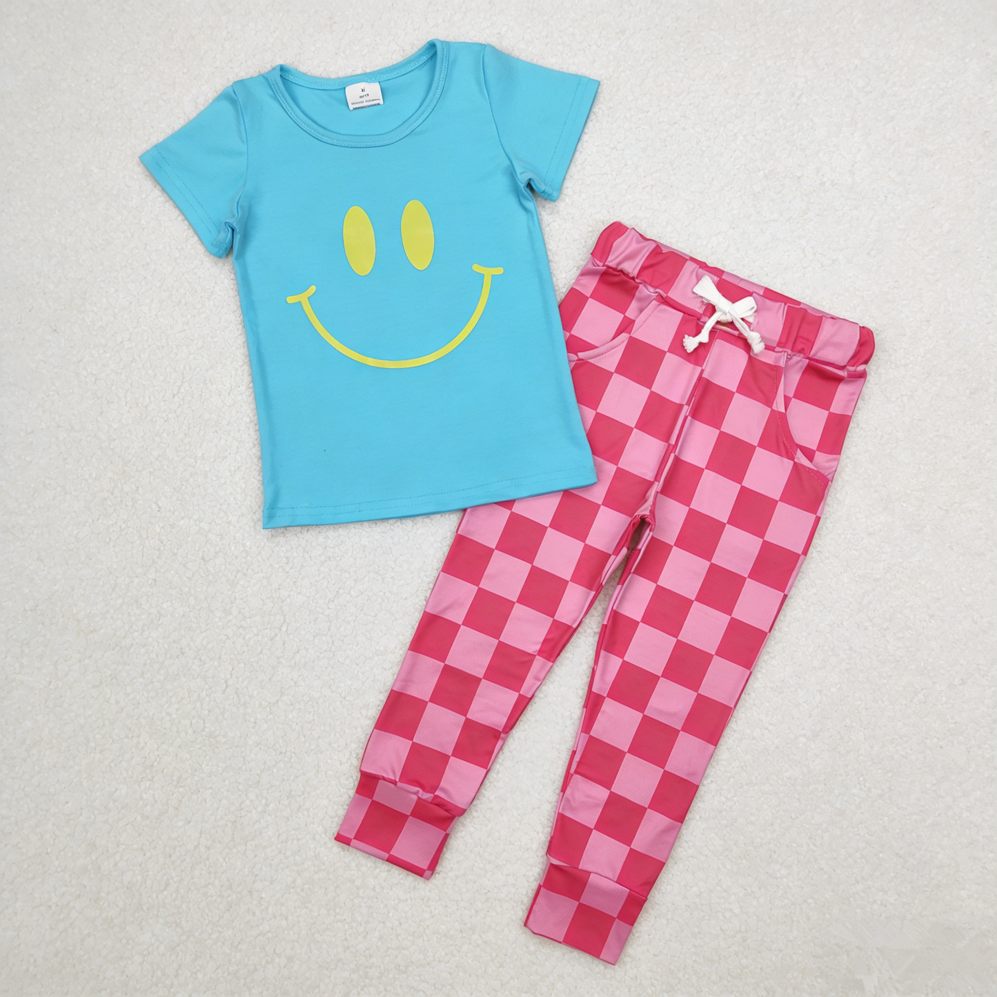 Baby Girls Kids Short Blue Sleeves Smile Shirt Pink Plaid Pockets Pants Clothes Set RTS