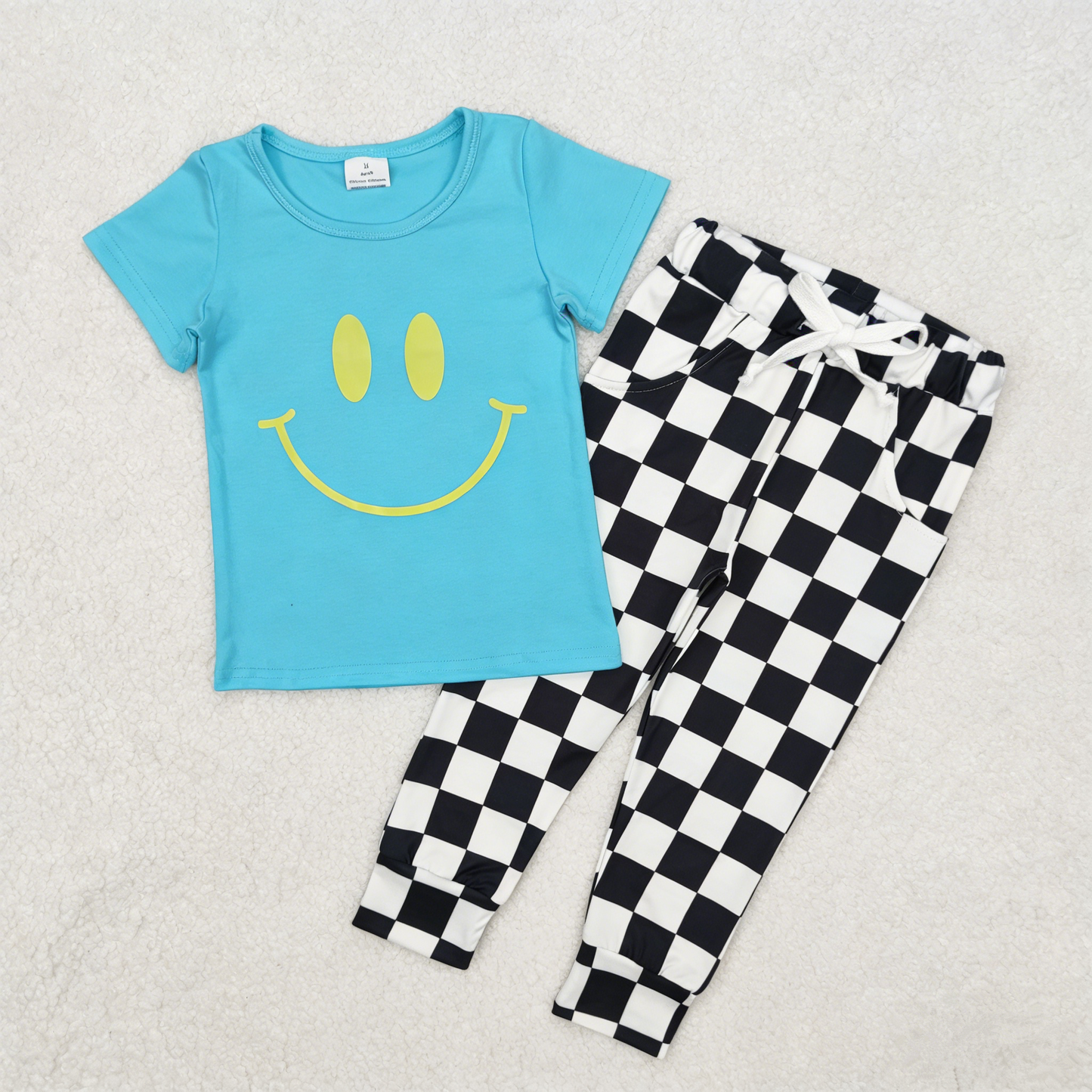 Baby Girls Kids Blue Short Sleeves Smile Shirt Black Plaid Pockets Pants Clothes Set RTS