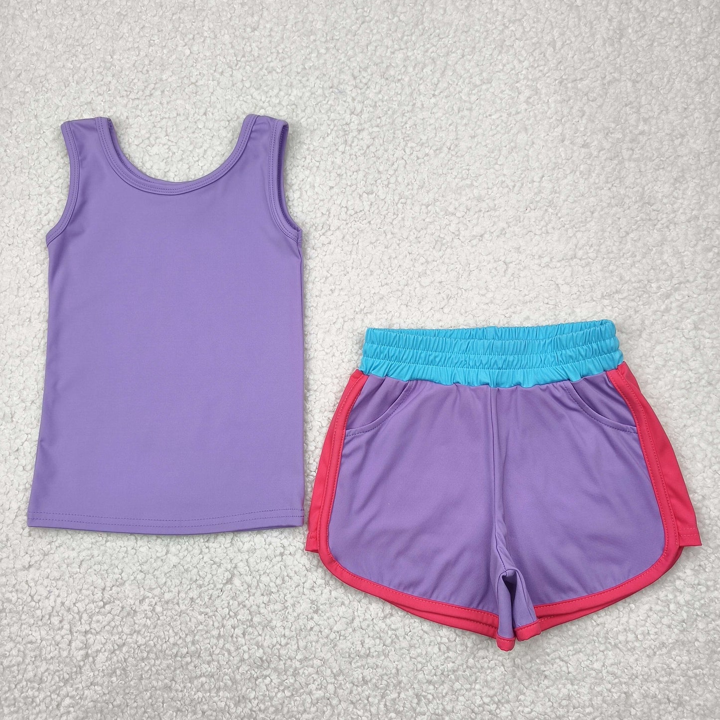Baby Girl Sleeveless Purple Shirt Pockets Shorts Yoga Active Wear Set RTS