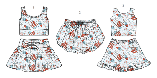 ( Moq 5 Each Style ) Baby Girls Kids Flags Popsicle 4th of July Sibling Shorts Sets Clothes