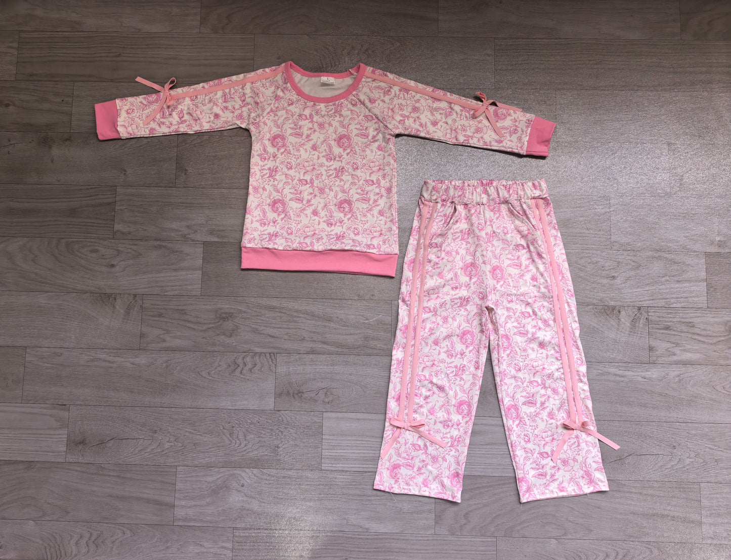 ( No moq ) Preorder Baby Girls Kids Flower Pink Bows Shirt Pockets Pants Set Clothes
