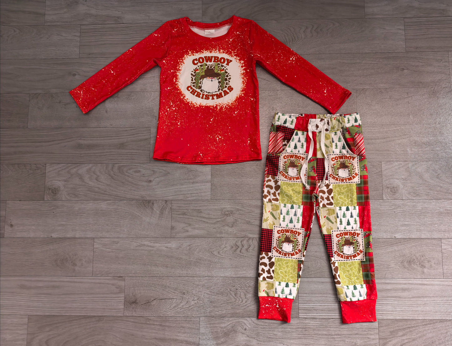 ( No moq ) Preorder Baby Boy Kids Long Sleeves Cowboy Christmas Red Shirt Pockets Pants Set Clothes
