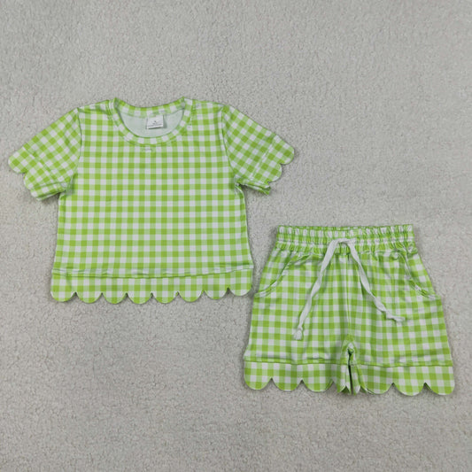 Baby Girls Kids Short Sleeves Plaid Shirt Scallop Shorts Green Clothes Set RTS