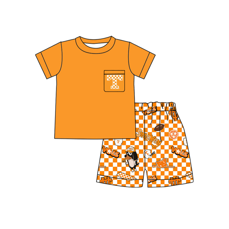 Baby Boy Short Sleeves Orange Shirt Dogs Checked Team Shorts Set ( Moq 5 )